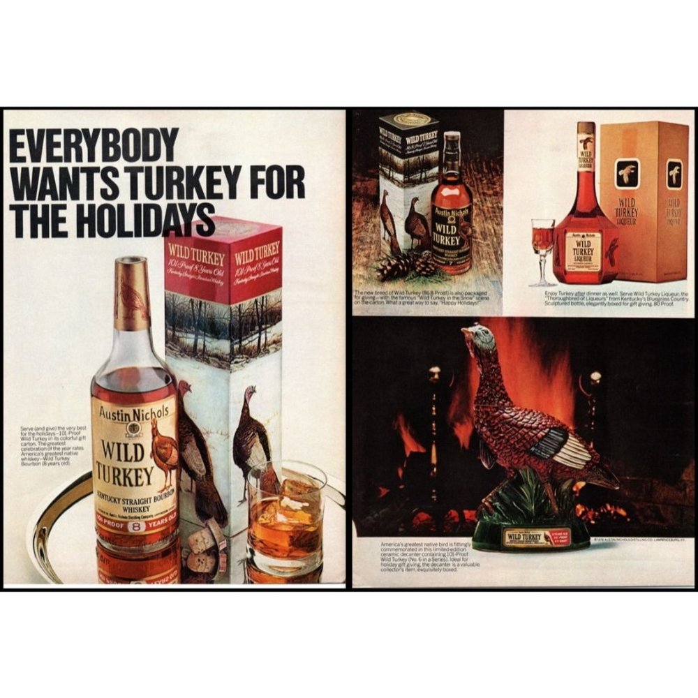 1976 Austin Nichols Wild Turkey Kentucky Bourbon Holiday Feast Vintage Print Ad